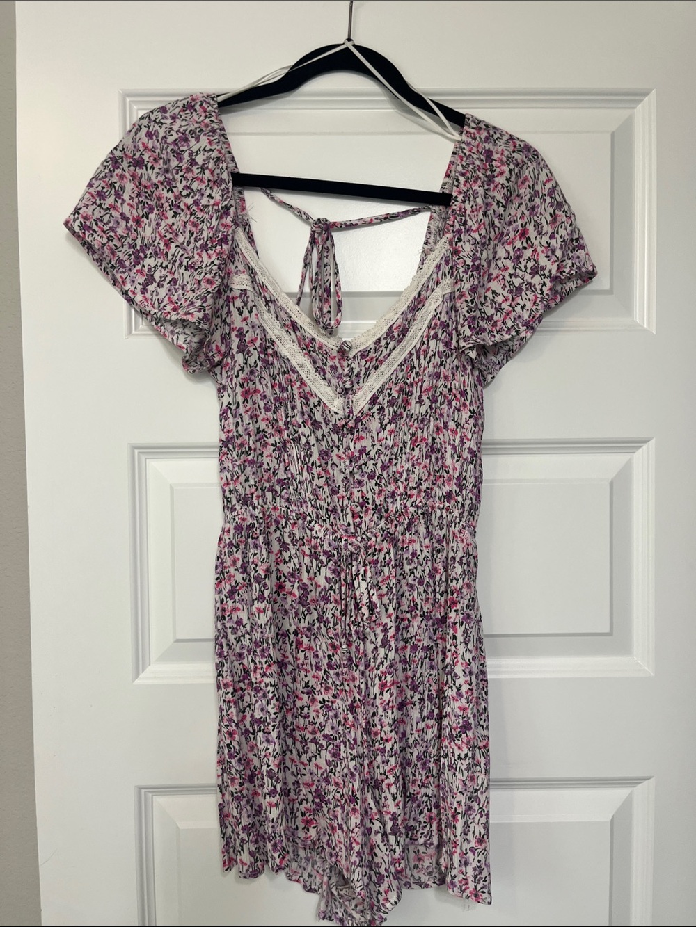 miami Pink & Purple Floral Short Sleeve Romper with Lace Trim